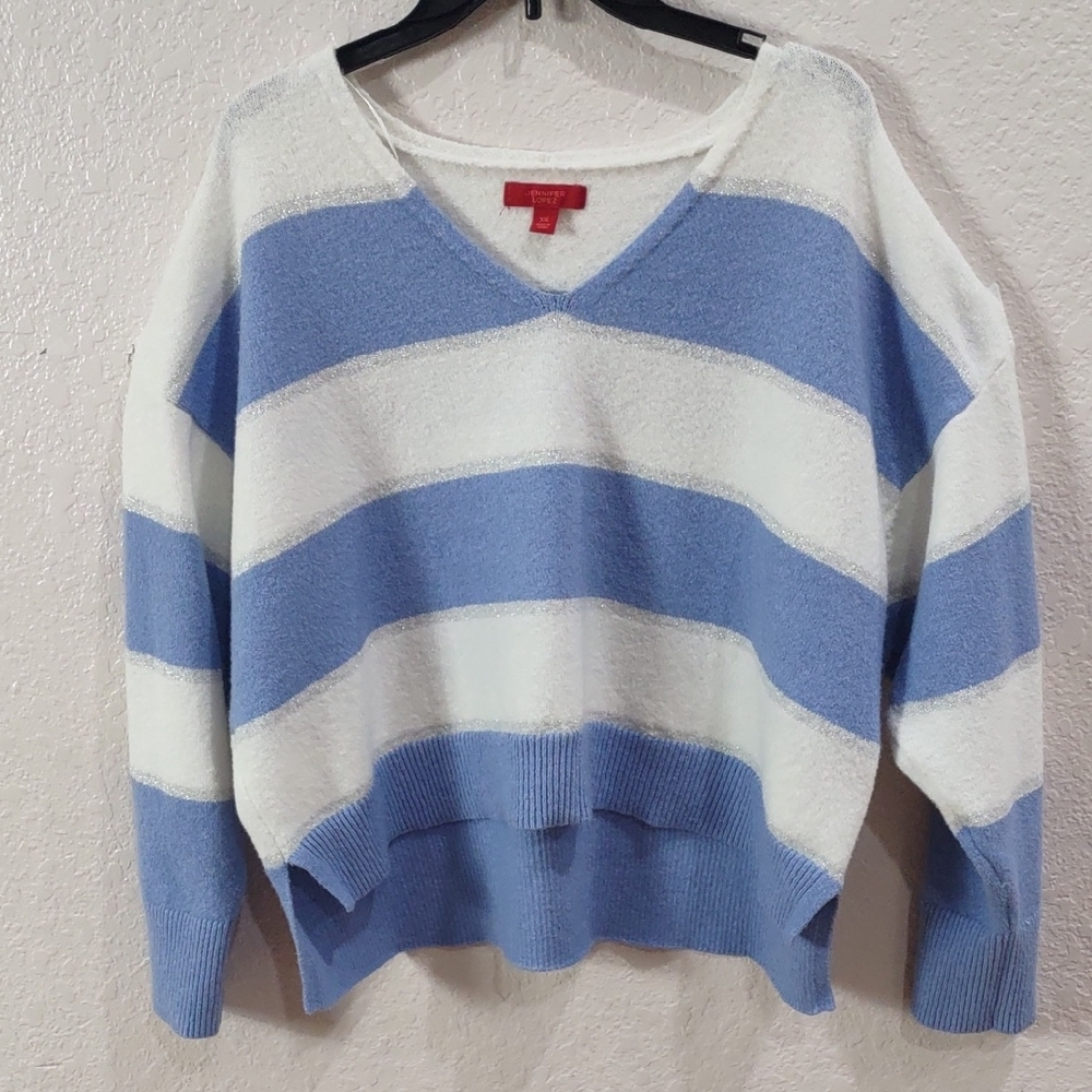 JENNIFER LOPEZ Blue and White Striped Women's Sweater - Picture 3 of 15